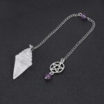 Clear quartz pendulum with silver chain and amethyst bead.
