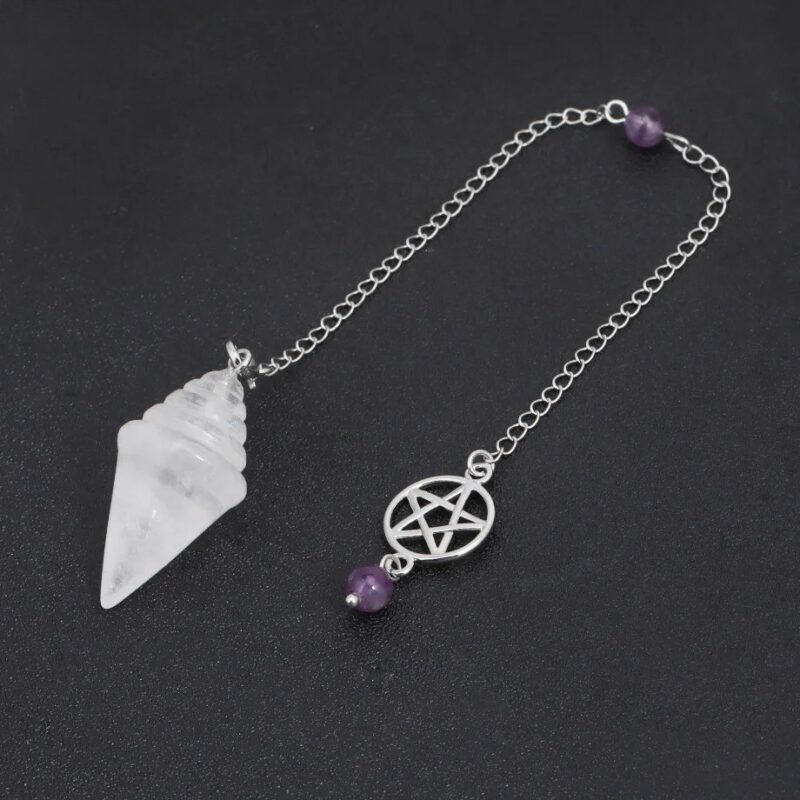 Clear quartz pendulum with silver chain and amethyst bead.