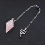 Rose quartz pendulum with silver chain and amethyst charm.  Crystal divination tool.