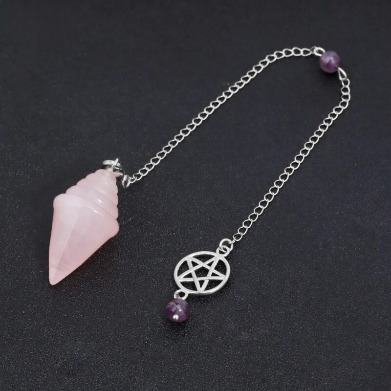Rose quartz pendulum with silver chain and amethyst charm.  Crystal divination tool.