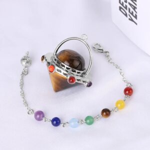 Tiger's eye pendulum with chakra beads. Metal spinner, gemstone beads. Spiritual jewelry.