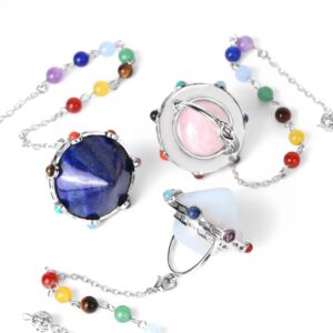 Three crystal pendulums with gemstones, metal, and colorful beads.  Spiritual, healing.