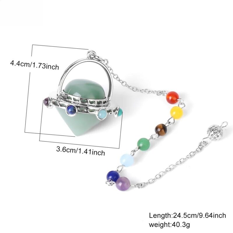 Green crystal pendulum with metal accents and assorted gemstones,  measuring 1.73 inches tall and 1.41 inches wide;  on a chain with 7 chakra color gemstones; length 9.64 inches.