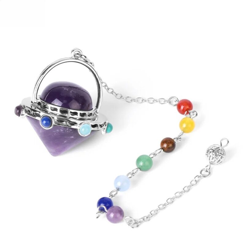 Purple amethyst pendulum with seven chakra beads on a silver chain.  Crystal healing pendant.