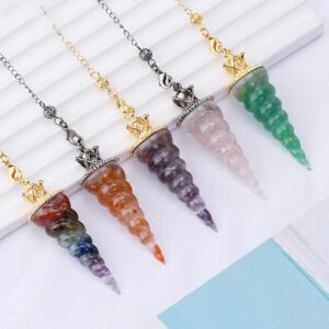 Colorful crystal pendulum pendants, various colors, on chains.