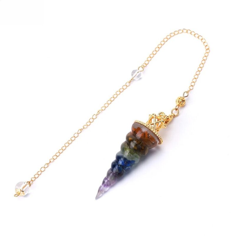 Multi-colored gemstone pendulum, gold chain.