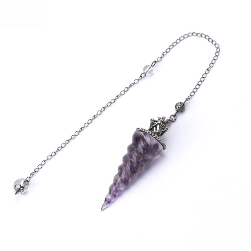Purple swirl-patterned pendulum, silver chain.