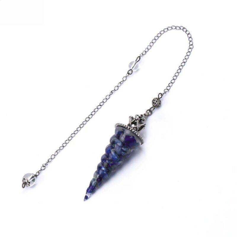 Blue lapis lazuli spiral pendulum with silver chain.