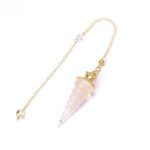 Gold-chained, light-pink quartz pendulum with spiral design.