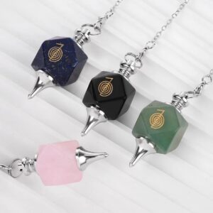 Three crystal pendulums,  lapiz lazuli, black obsidian, and rose quartz,  with a spiral design.