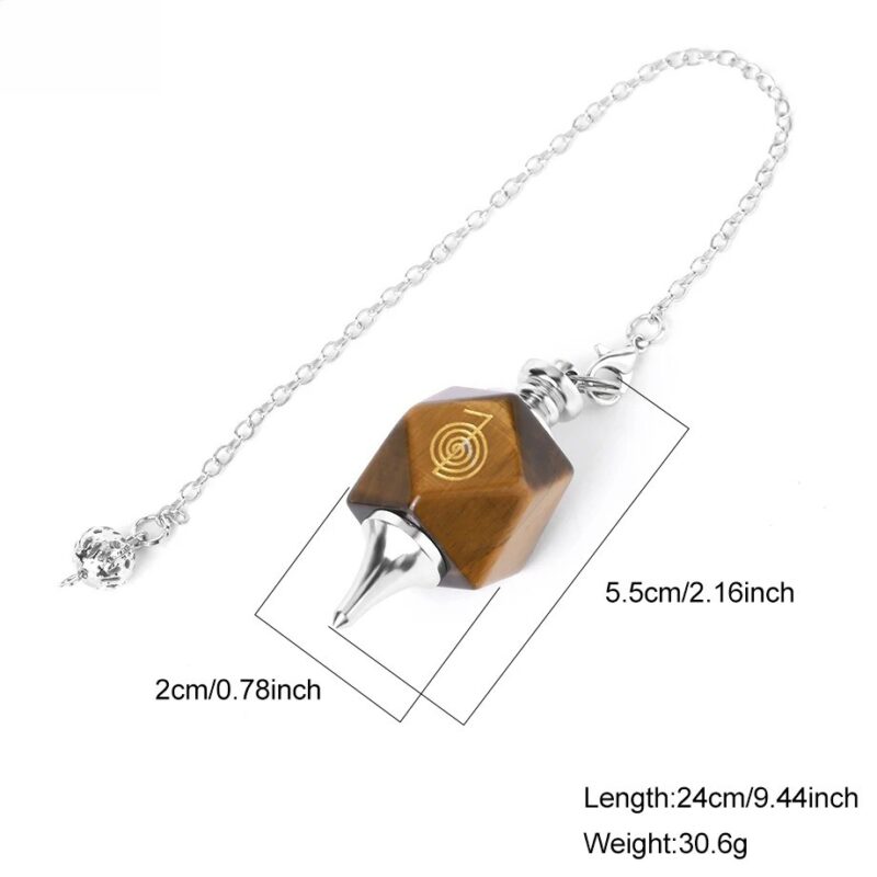 Tiger eye pendulum, 2cm wide, 5.5cm tall, 24cm long, 30.6g, metal chain.
