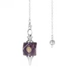 Purple amethyst pendulum with gold spiral symbol, silver chain and metal weight.