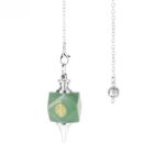 Green gemstone pendulum with silver chain and metal ball.  Spiritual, metaphysical tool.