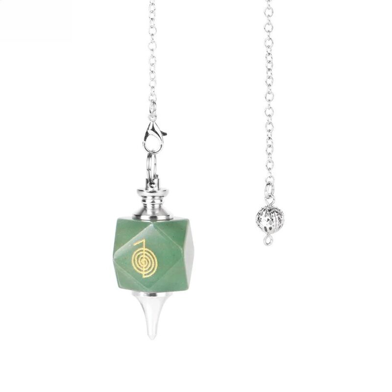 Green gemstone pendulum with silver chain and metal ball.  Spiritual, metaphysical tool.