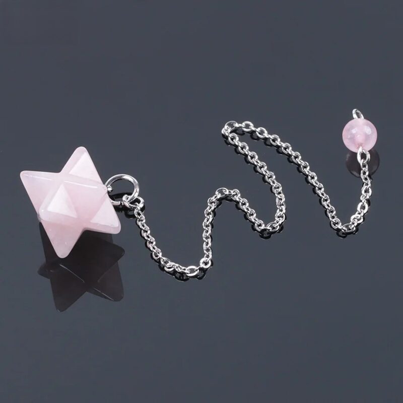 Rose quartz star pendulum with silver chain.