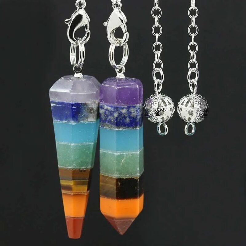 Colorful 7 chakra pendulum, silver chain, gemstone layers.