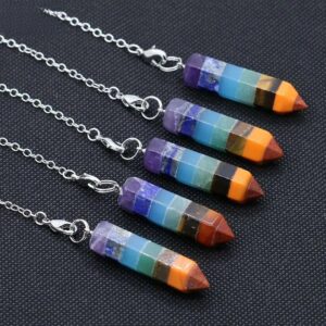 Seven chakra pendants,  multi-colored stones,  silver chain.