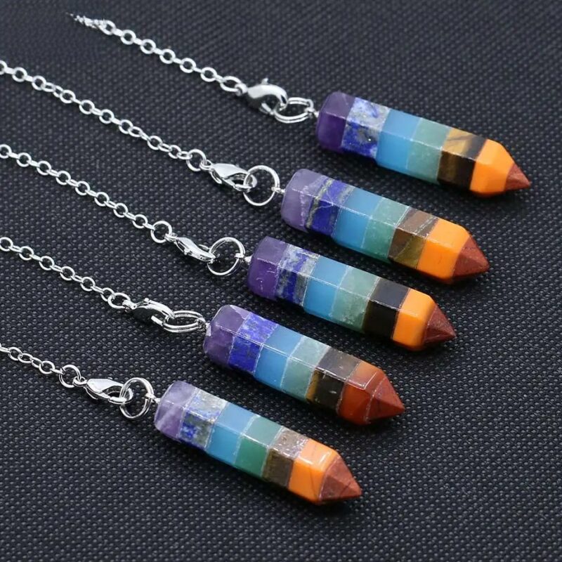 Seven chakra pendants,  multi-colored stones,  silver chain.