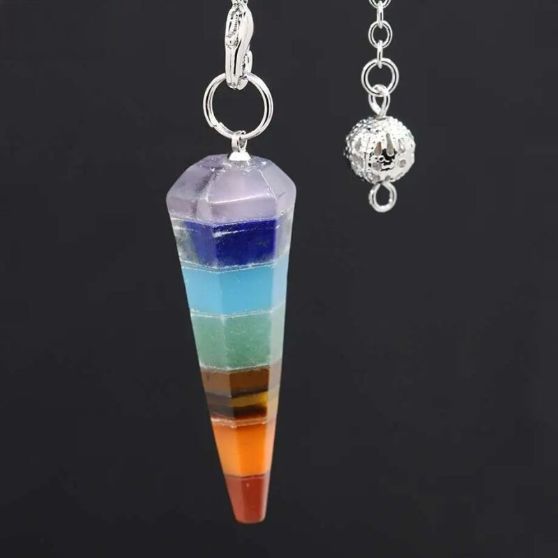 Multicolored chakra pendulum, gemstone layers, silver chain.
