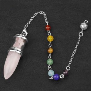 Rose quartz pendulum with chakra beads.  Crystal healing jewelry.