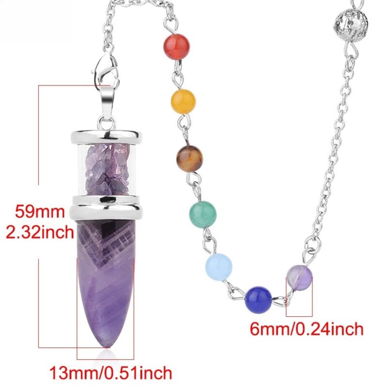 Amethyst pendulum with chakra beads, amethyst crystal point,  silver chain,  various gemstones. 59mm/2.32 inch long pendulum.  6mm beads.