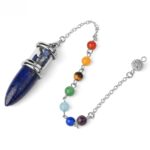 lapis lazuli pendulum with seven chakra healing stones on a silver chain.  crystal pendant.