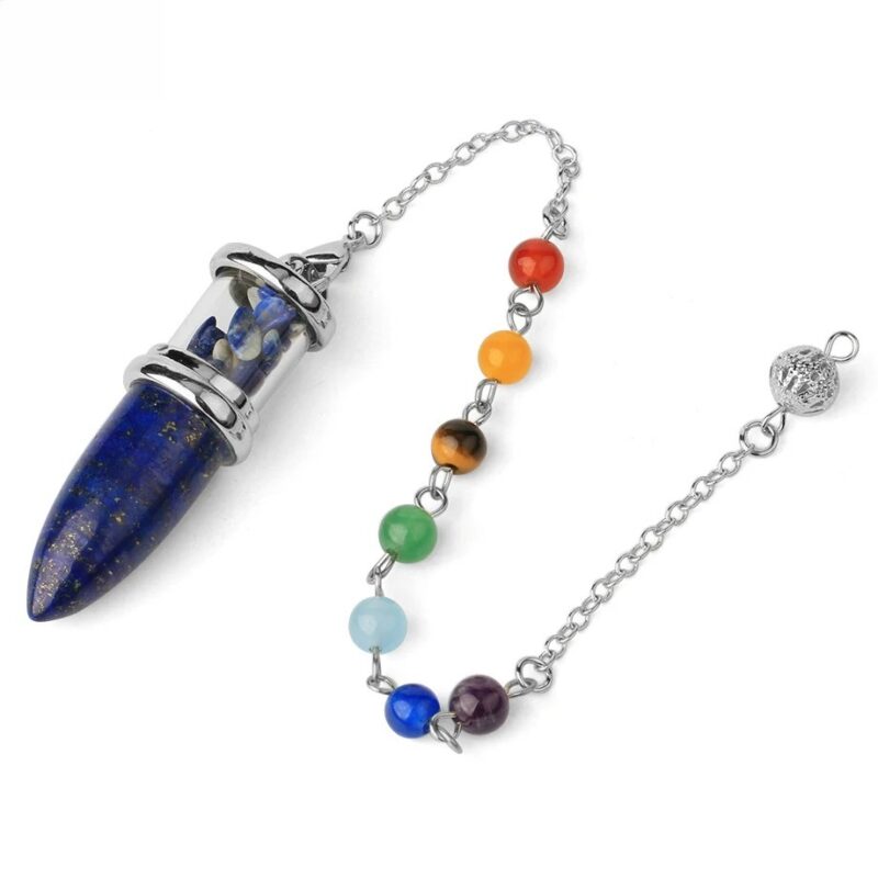 lapis lazuli pendulum with seven chakra healing stones on a silver chain.  crystal pendant.