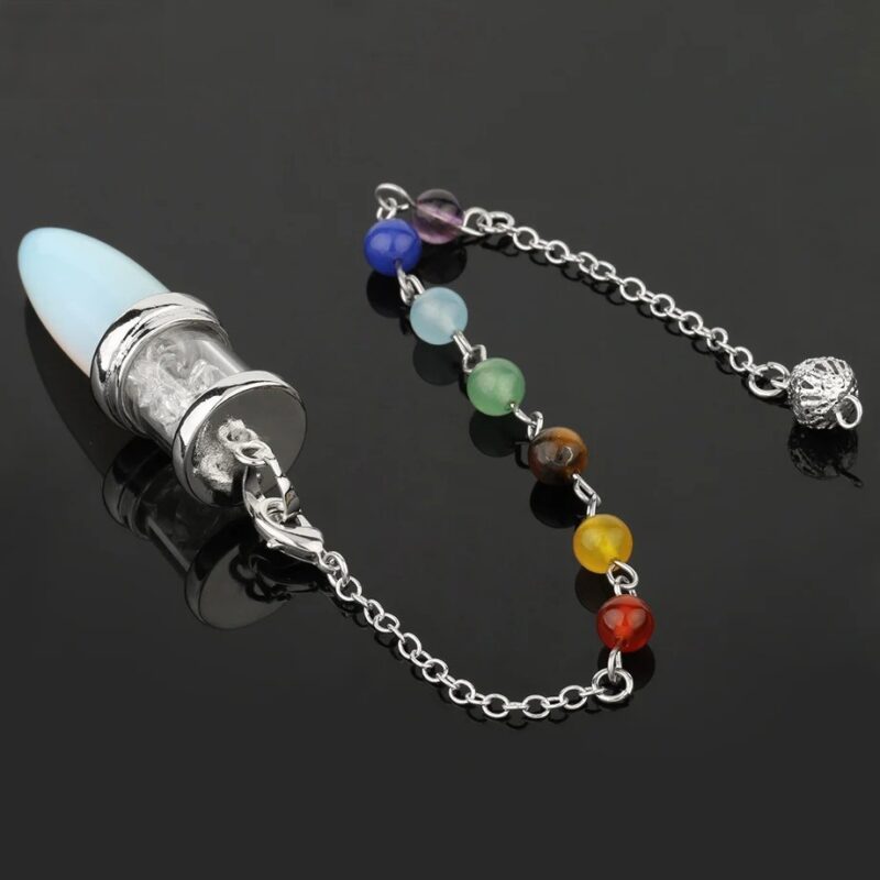 Opal pendulum with 7 chakra stones, silver chain.
