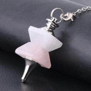 Rose quartz and white quartz pendulum, silver metal, spiritual, divination.
