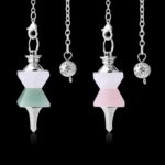 Three gemstone pendulums,  silver-toned chains, with  multicolored (green/white/pink)  geometric crystal designs.