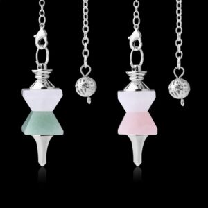 Three gemstone pendulums,  silver-toned chains, with  multicolored (green/white/pink)  geometric crystal designs.