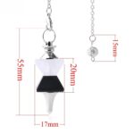 White and black crystal pendulum with silver chain.  Dimensions included.