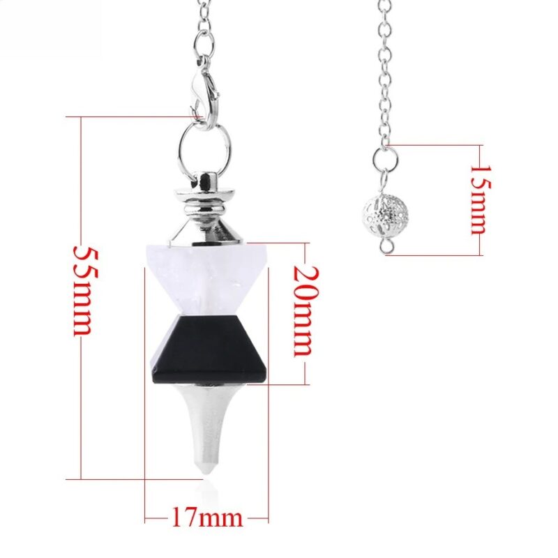 White and black crystal pendulum with silver chain.  Dimensions included.