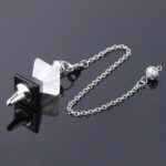 Crystal pendulum, black and clear quartz, silver chain.