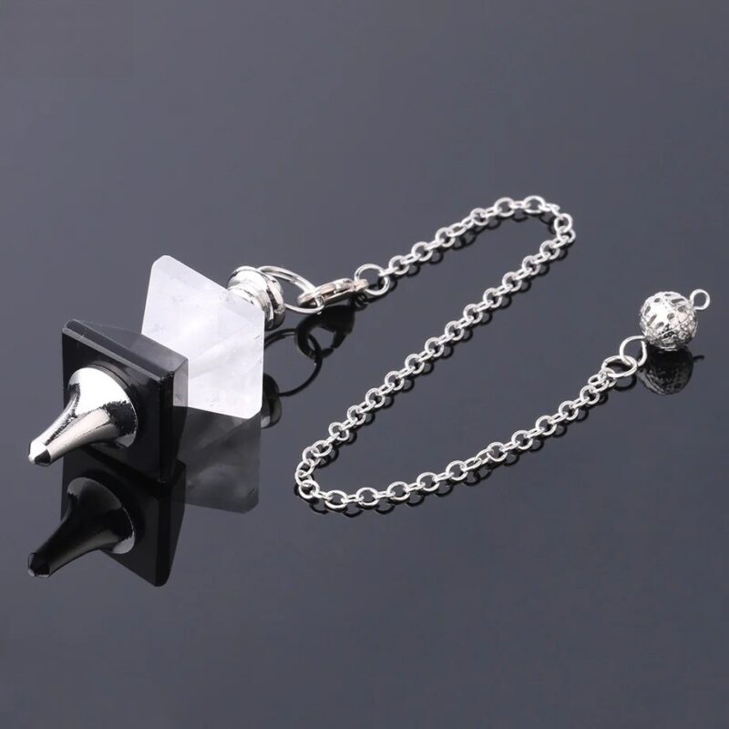 Crystal pendulum, black and clear quartz, silver chain.