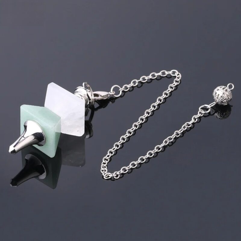 Crystal pendulum, light green and white stones, silver chain.