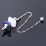 Lapis lazuli and clear quartz crystal pendulum with silver chain.