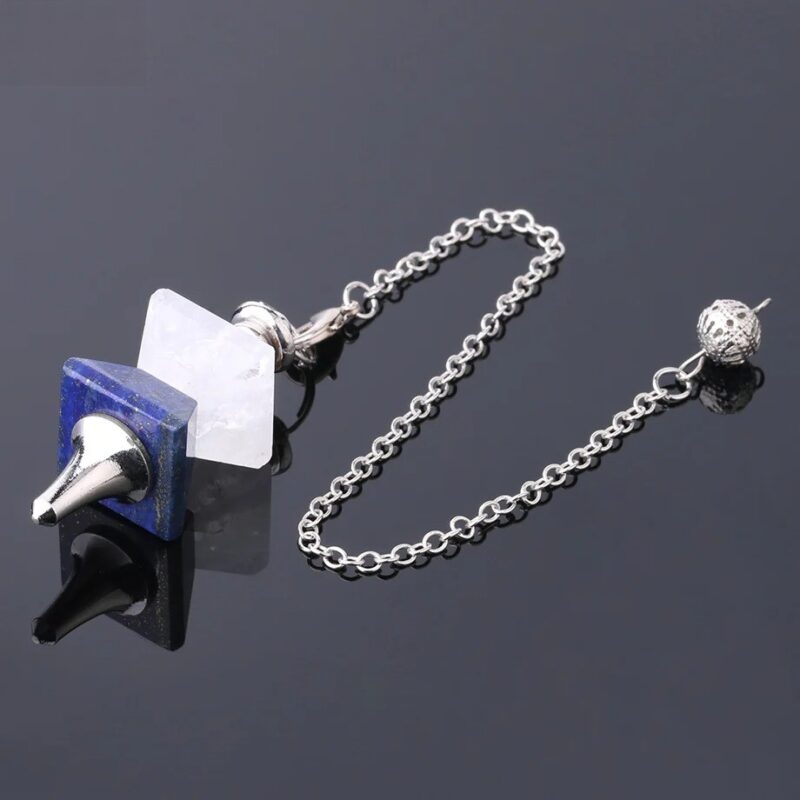 Lapis lazuli and clear quartz crystal pendulum with silver chain.