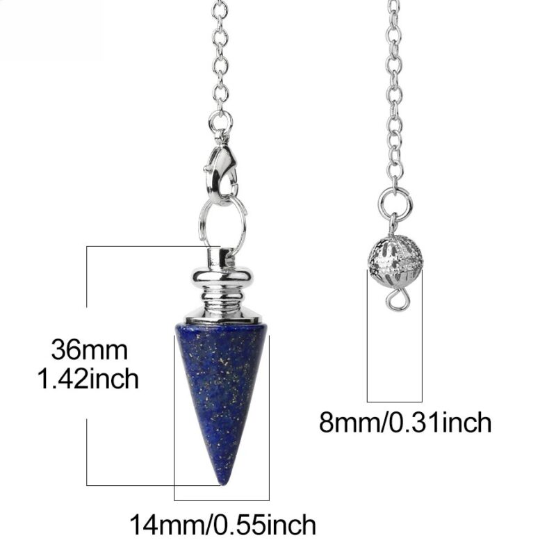 Blue lapis lazuli pendulum with metal chain and ball.  Dimensions shown.