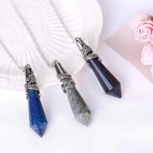 Three gemstone pendants, dragon-themed, lapis lazuli, grey/silver, and dark blue/silver.  Crystal pendulums.