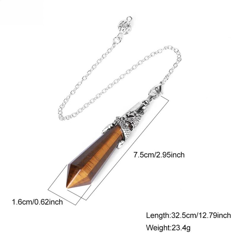 Tiger's eye crystal pendulum, silver chain, measures 7.5cm/2.95in long, 1.6cm/0.62in wide, weight 23.4g.  Spiritual, healing.