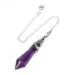 Purple amethyst pendulum with dragon-shaped metal accents on a silver chain.