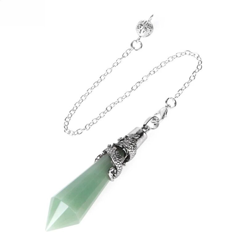 Green jade pendulum with silver chain and dragon accents.