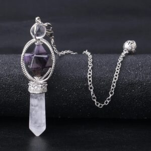 Amethyst and quartz crystal pendulum necklace.