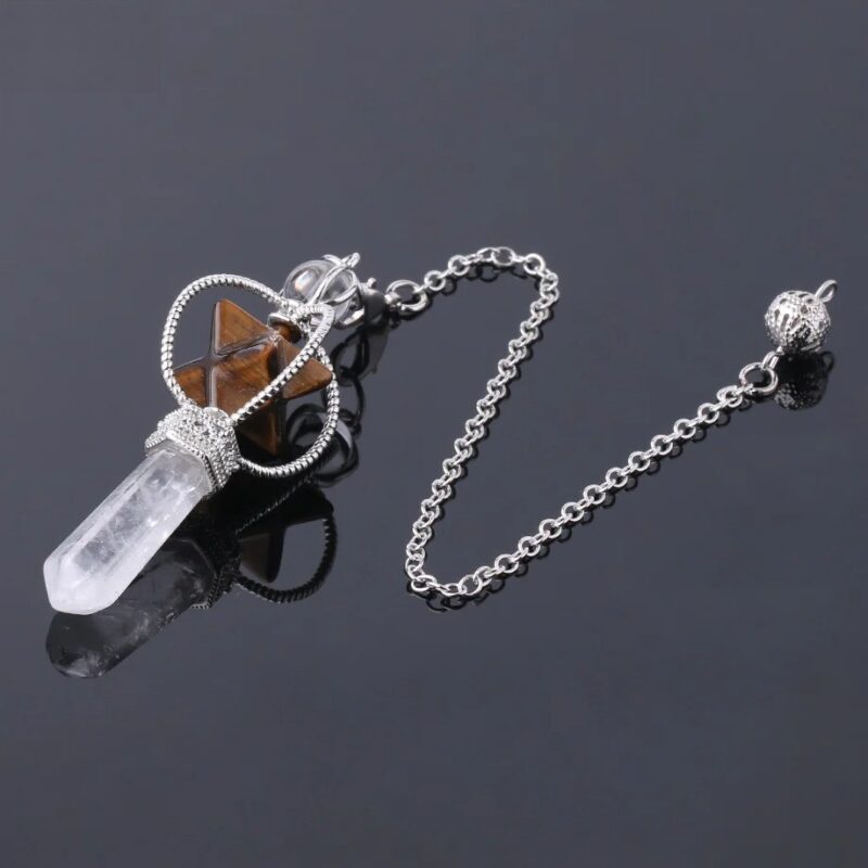 Crystal pendulum with tiger's eye and quartz.  Silver chain.