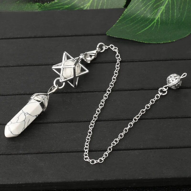 Silver-Star-Natural-Stone-Crystal-Pendulum-CS012-1 White onyx pendulum with star-shaped metal cage, chain, and metal ball.