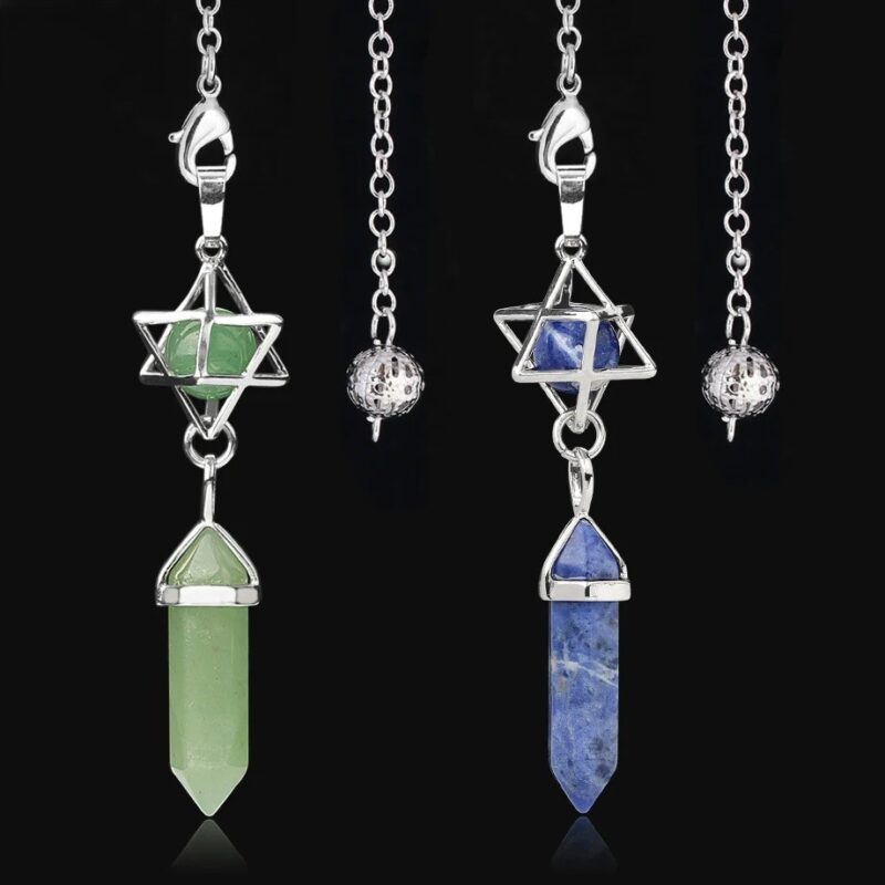 Three gemstone pendulums,  green and blue, with metal chains and star/triangle shapes.  Crystal healing jewelry.
