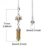 Crystal pendulum,  71mm/2.80inch long, with a  8mm/0.31inch  gemstone pendant.  Silver-tone chain.