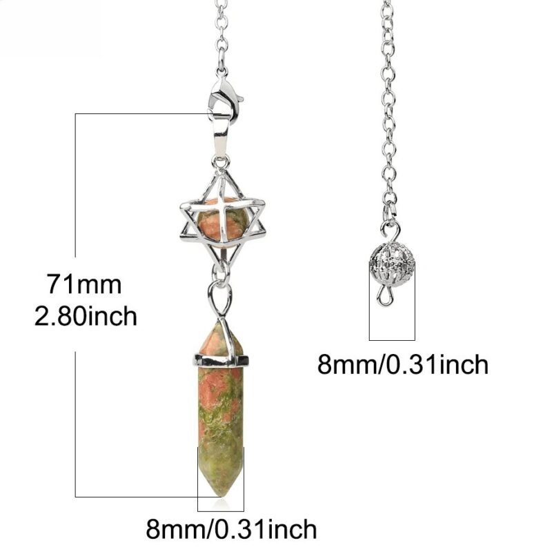 Crystal pendulum,  71mm/2.80inch long, with a  8mm/0.31inch  gemstone pendant.  Silver-tone chain.