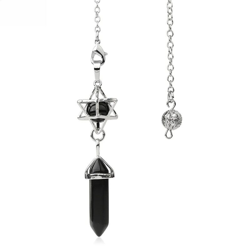 Black onyx pendulum with silver chain and star design.
